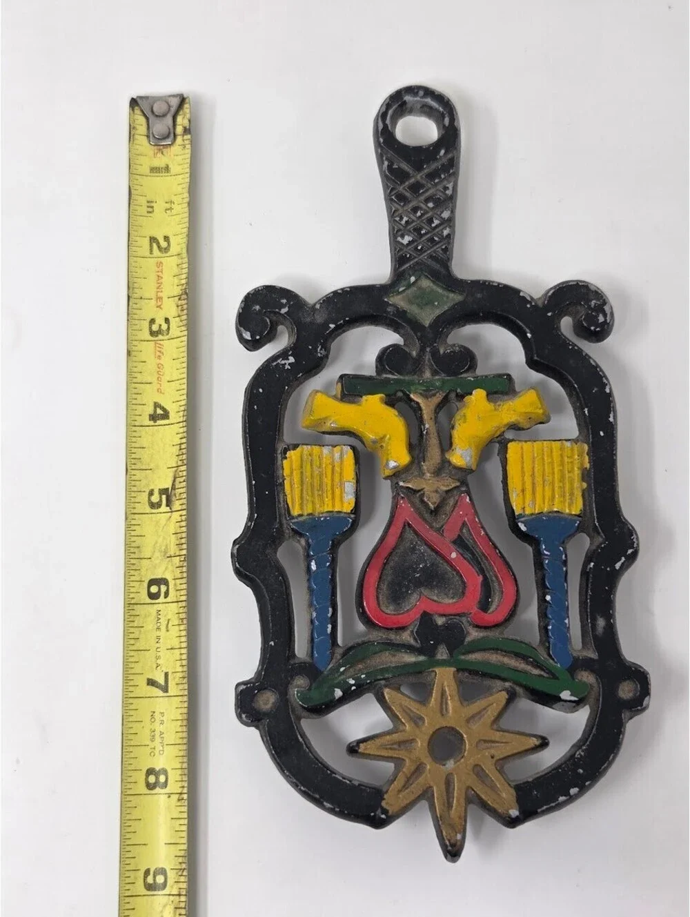 Vintage Cast Iron Trivet Wall Hanging With Floral Candle And Heart Motif Decor